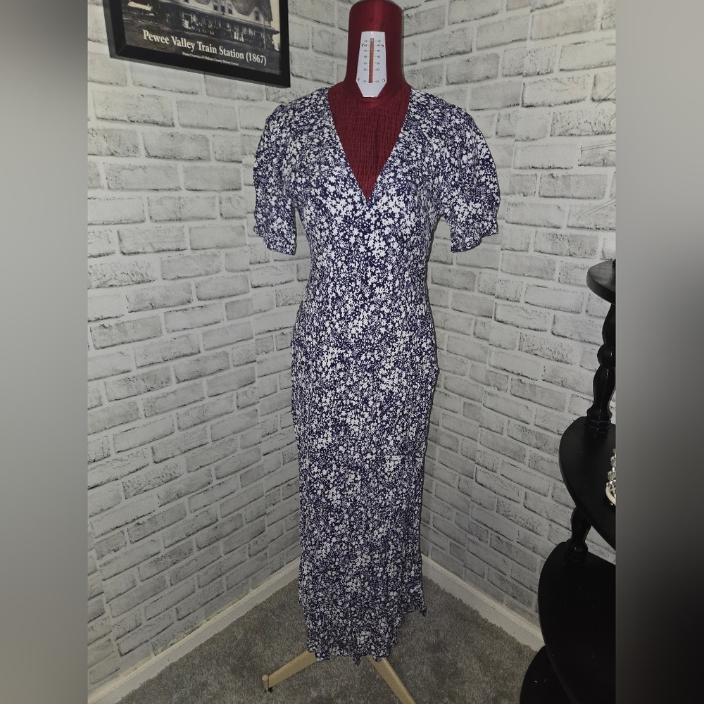 A New Day Navy Blue Floral S. Crepe Puff Short Sleeve Midi Dress